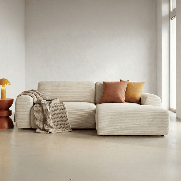 Luno - Canapé d'angle convertible 5 places velours côtelé beige