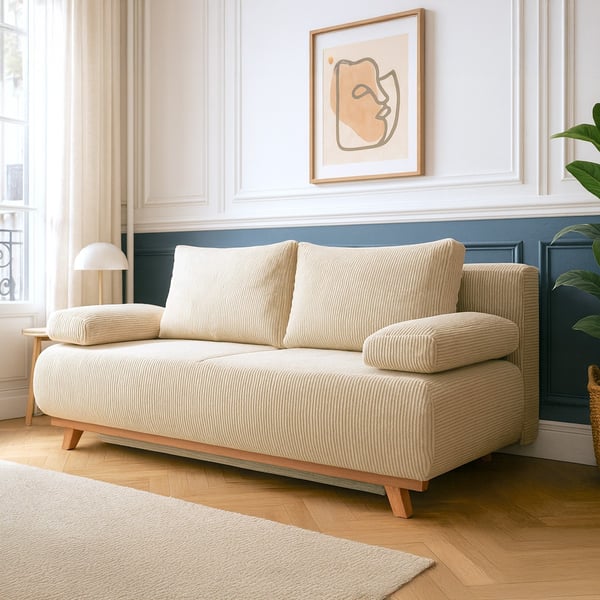 Laria - Canapé convertible 3 places velours côtelé beige