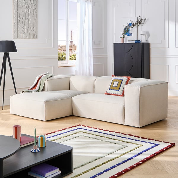 Edwin - Canapé d'angle 5 places tissu bouclette beige
