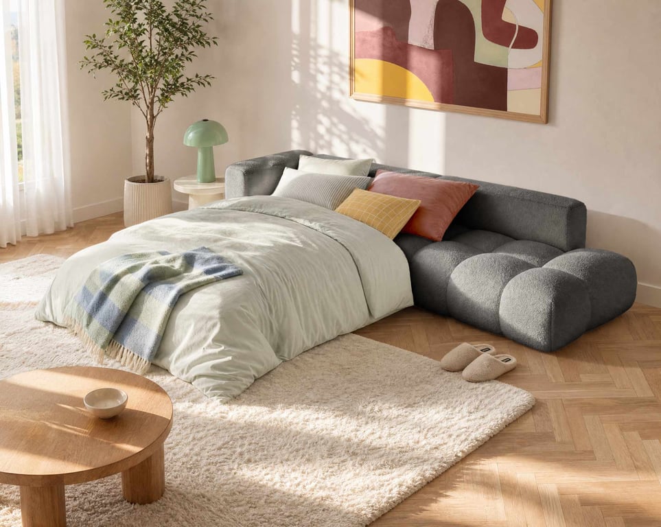 Yulin - Canapé d'angle convertible droit 5 places tissu bouclette gris - Vue supplémentaire 2