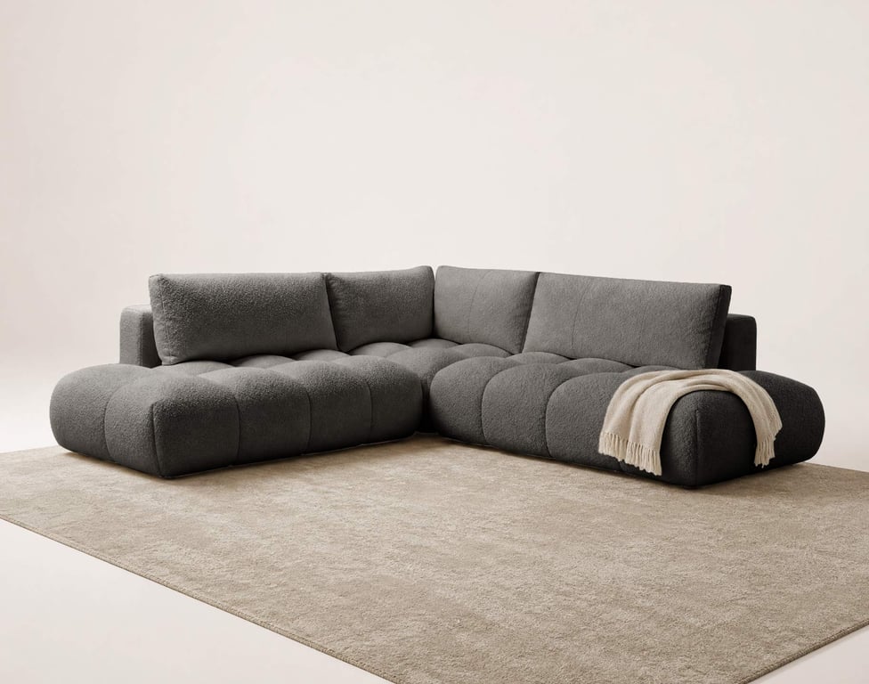 Yulin - Canapé d'angle convertible droit 5 places tissu bouclette gris - Vue supplémentaire 3