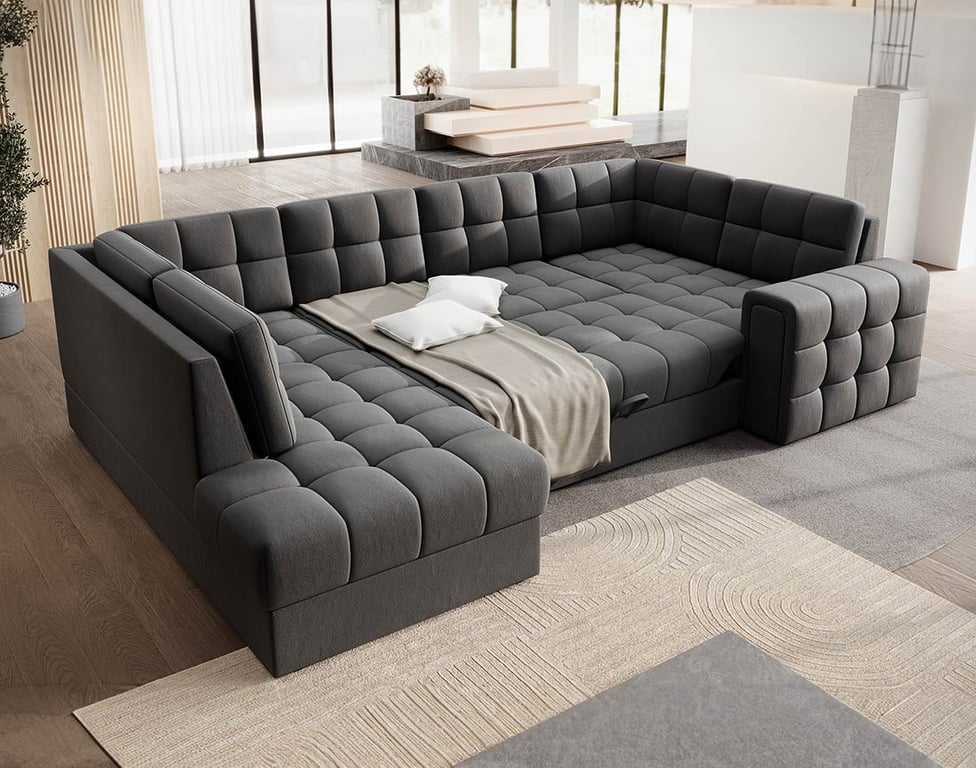 Nappa - Canapé panoramique convertible droit 7 places velours gris - Vue supplémentaire 2