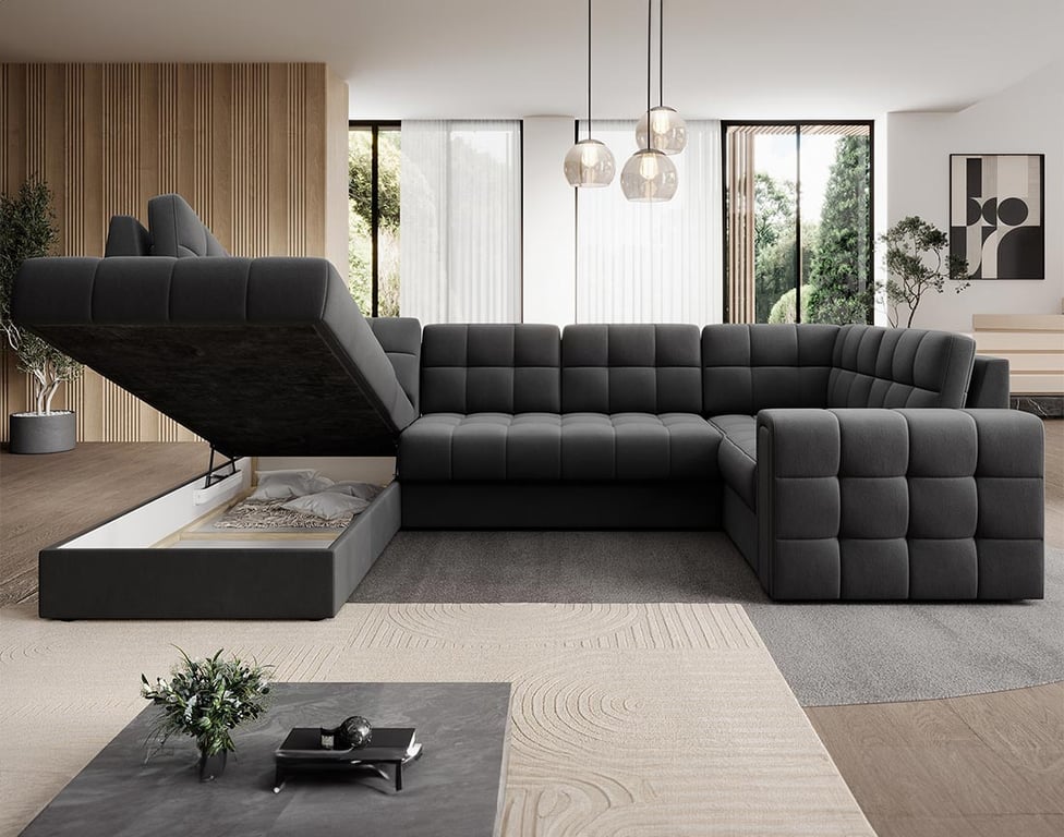 Nappa - Canapé panoramique convertible droit 7 places velours gris - Vue supplémentaire 3