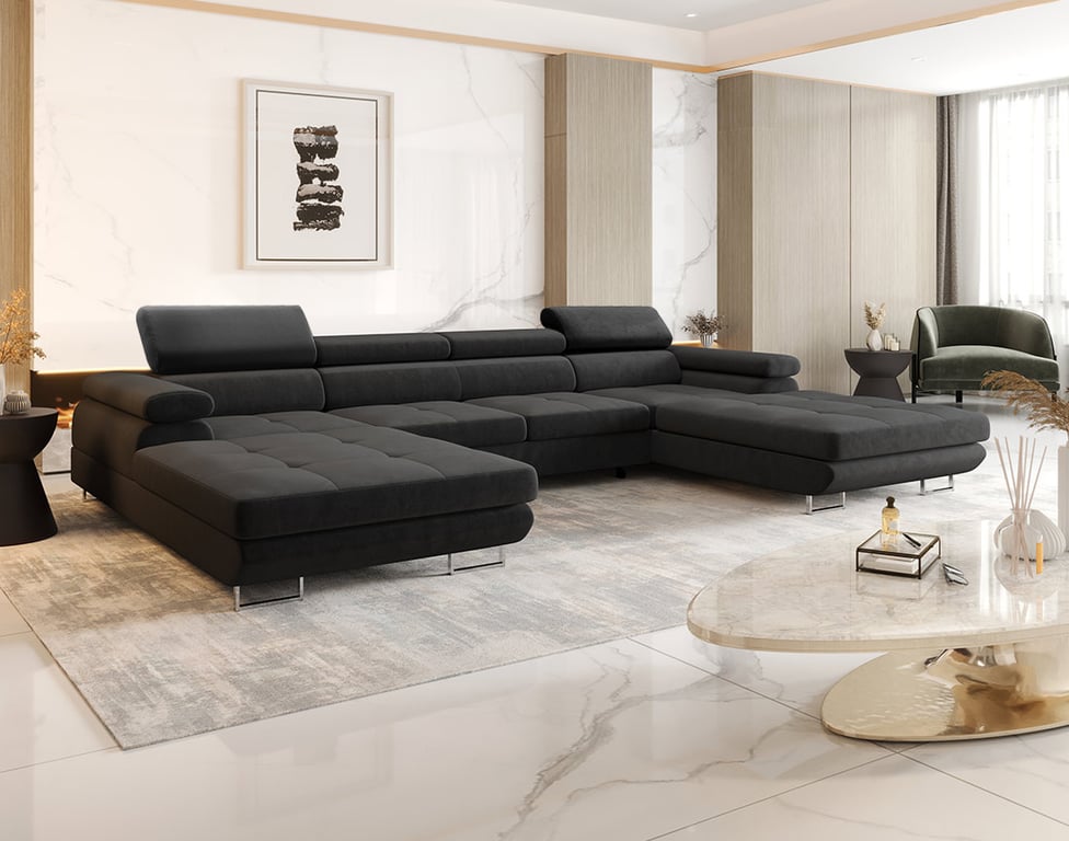 Ayden - Canapé panoramique convertible 7 places tissu gris - Vue supplémentaire 2
