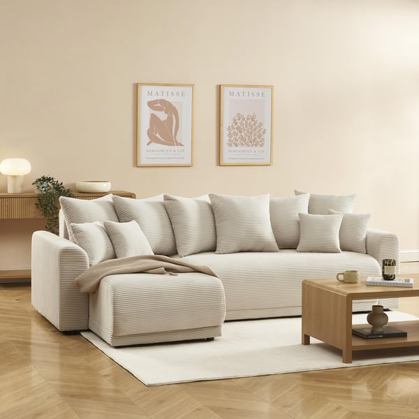 Soline - Canapé d'angle convertible réversible 4 places velours côtelé beige