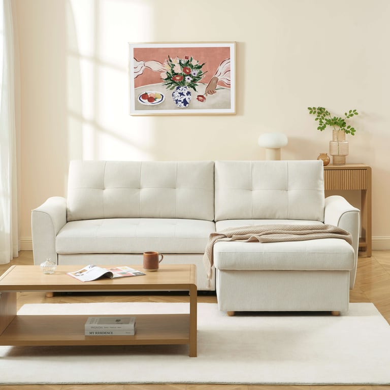 Tamara - Canapé d'angle convertible réversible 4 places tissu beige - Vue supplémentaire 3