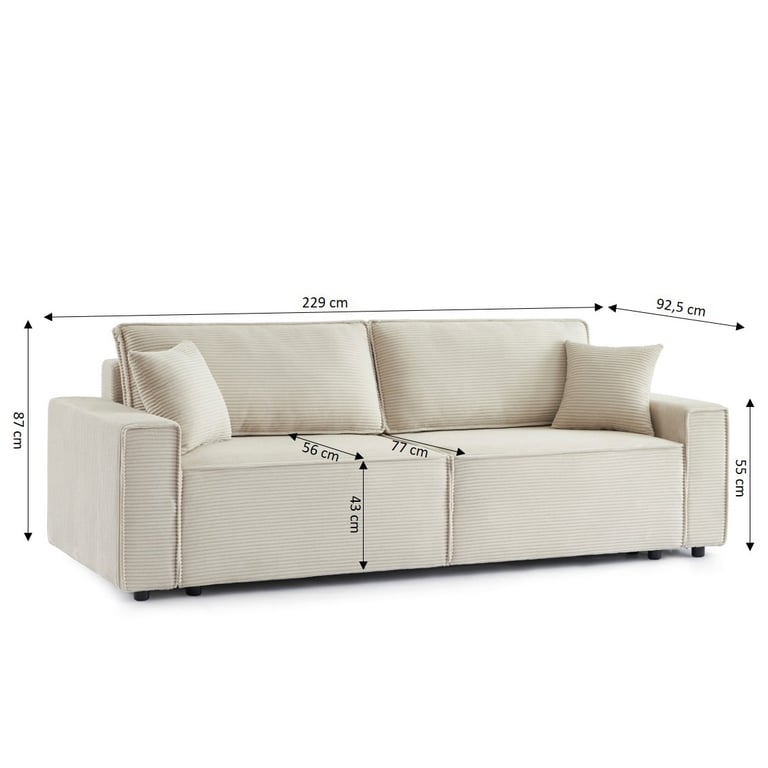 Zola - Canapé convertible 3 places velours côtelé beige - Vue supplémentaire 2