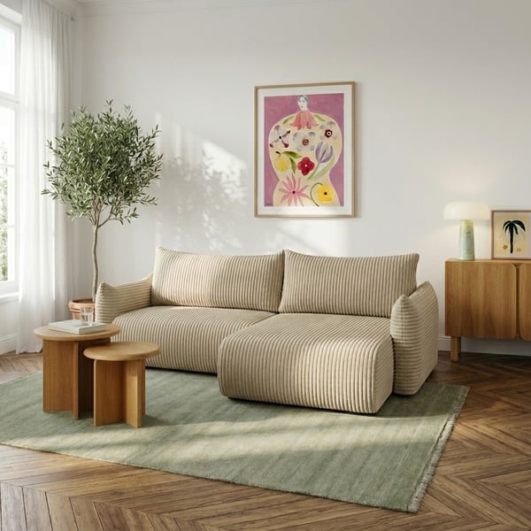 Gloria - Canapé d'angle convertible 4 places velours côtelé beige