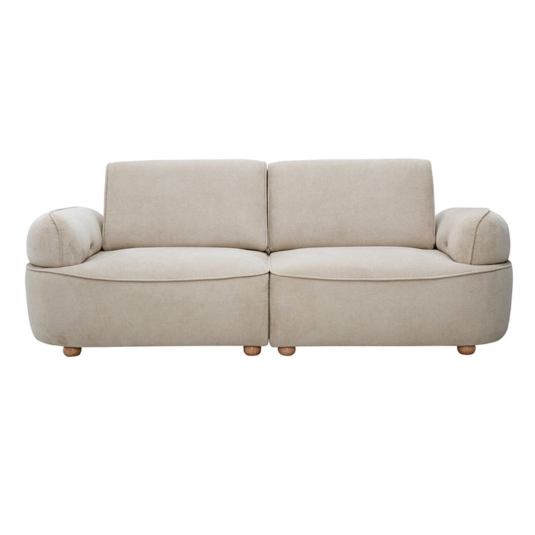 Canapé électrique 3 places dossier avance-recule en tissu chenille beige et bois clair OTIS