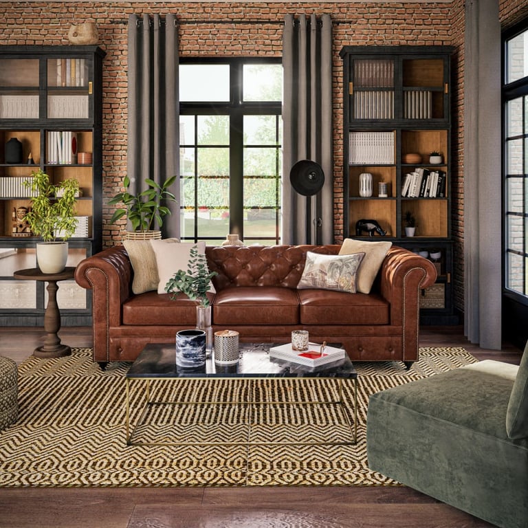 Chesterfield - Canapé capitonné vintage 4 places en cuir marron