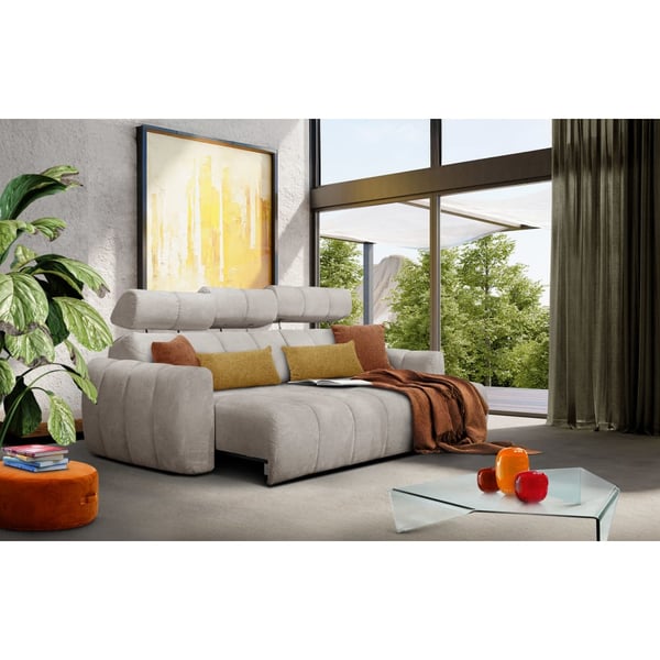 Kimi - Canapé d'angle droit 3 places velours beige assise coulissante électrique