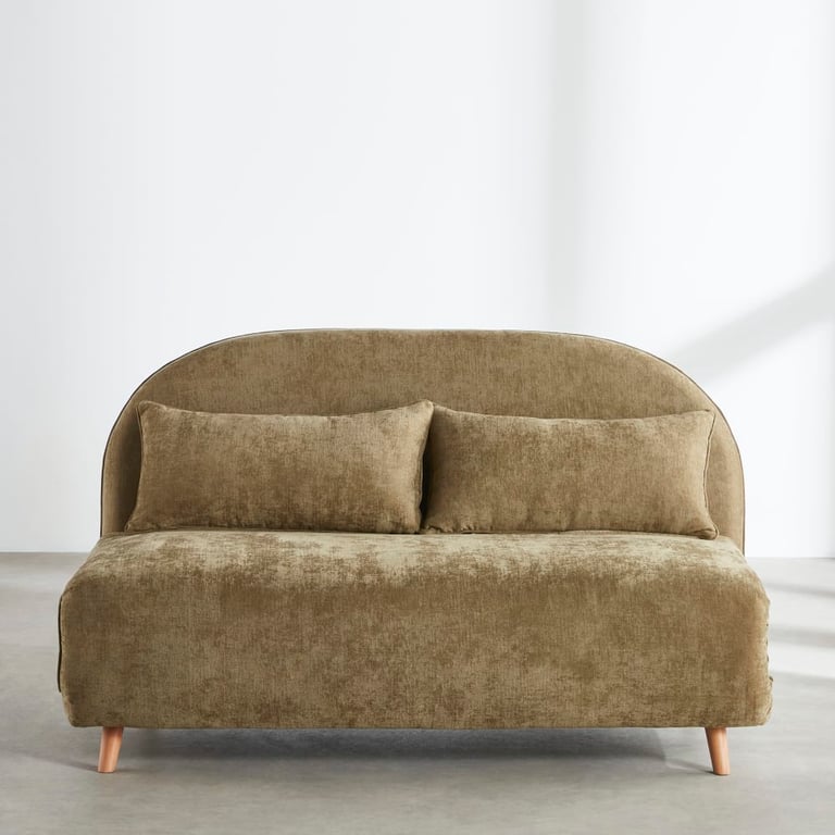 Ponio - Canapé clic-clac 2 places en tissu polyester vert kaki, dossier arrondi - 145 cm