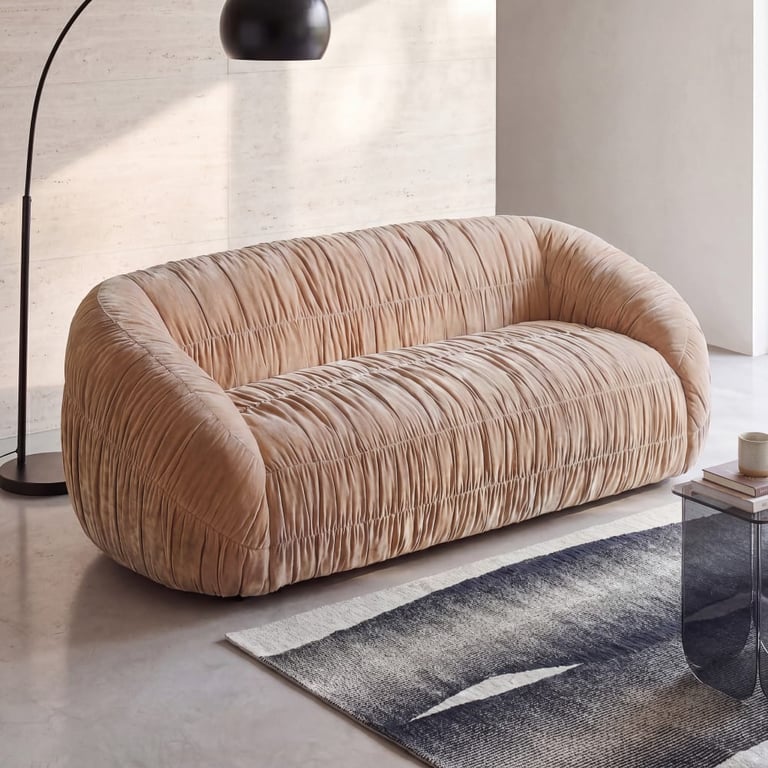 Dixon - Canapé 3/4 places en tissu polyester plissé effet velours beige latte - 241 cm