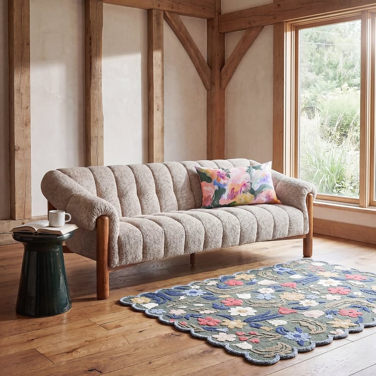 Edward - Canapé 3/4 places en tissu polyester beige moucheté, pieds en bois d'hévéa massif - 218 cm