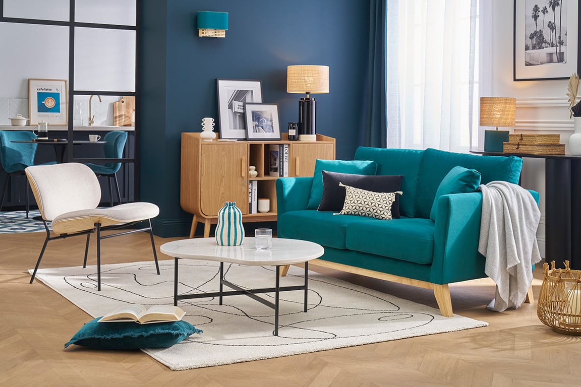 Produit similaire: Canapé scandinave déhoussable 2 places en tissu bleu canard et bois clair OSLO