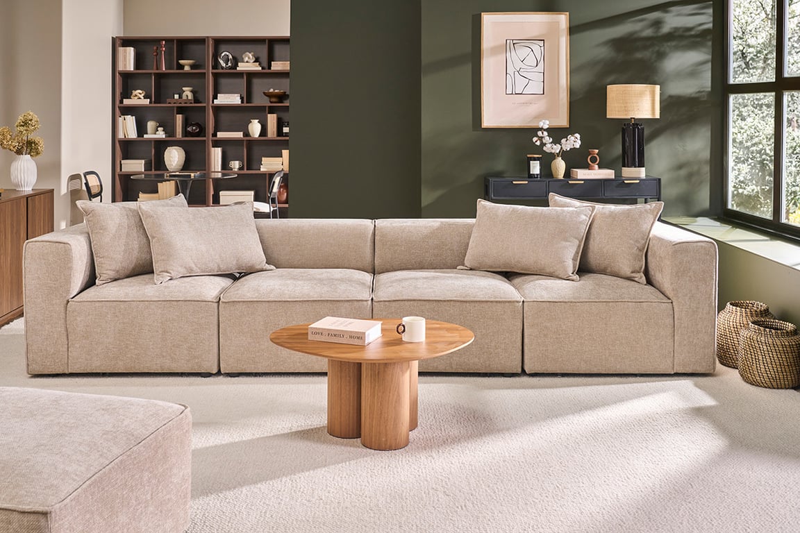 Canapé modulable 5 places en tissu effet velours texturé beige KERRY