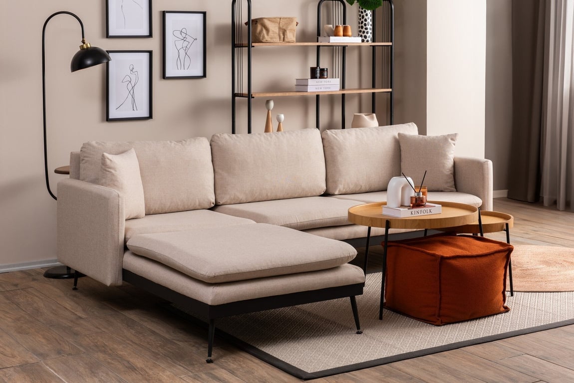 Canapé d'angle gauche en tissu beige 245x180x43cm Reya - Home Design