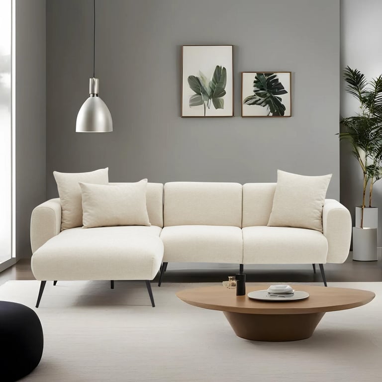 Canapé d'angle gauche en tissu blanc et pieds noirs 252x82x77cm Side - Home Design
