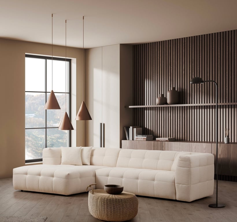 Canapé d'angle gauche 3 places en tissu blanc 100x300x72cm Cady - Home Design