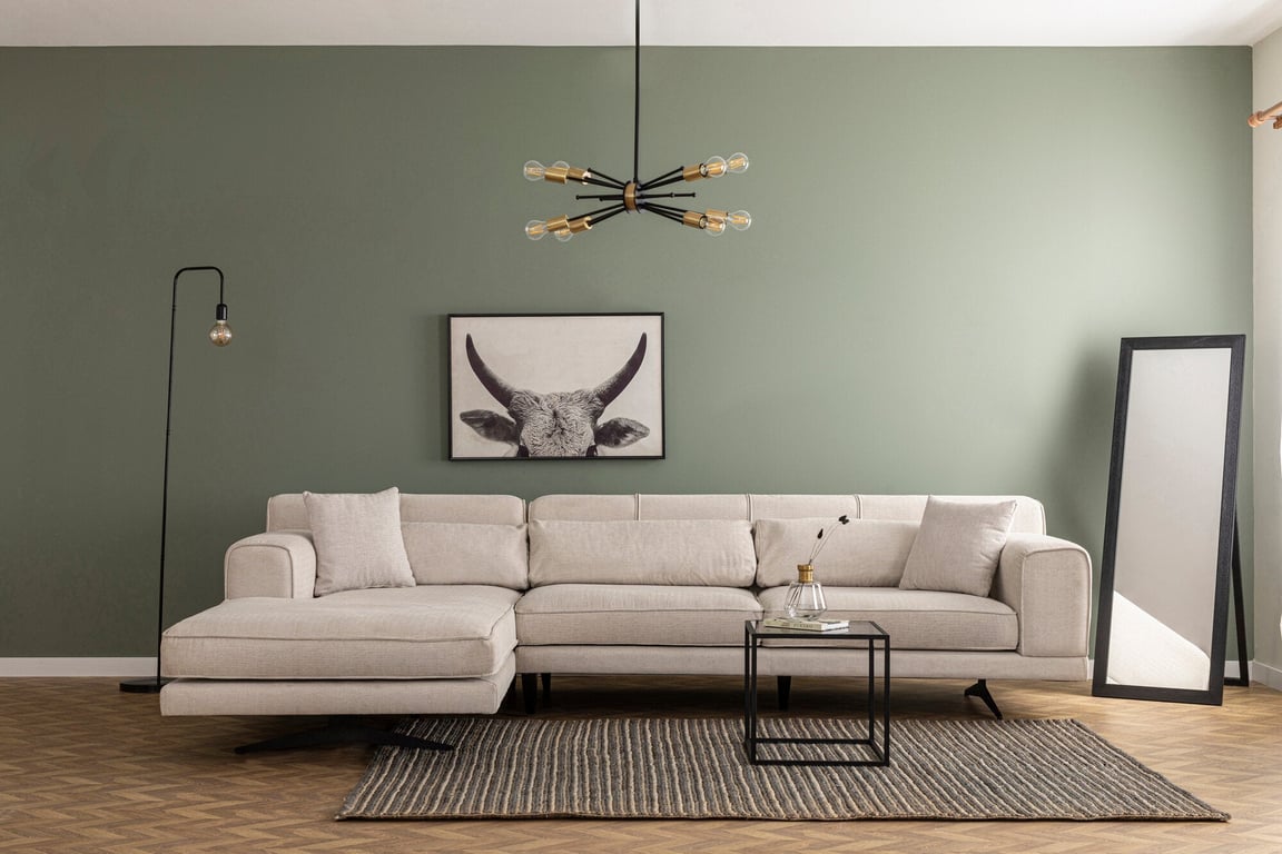 Canapé d'angle gauche en tissu beige 308x100x78cm Jivago - Home Design