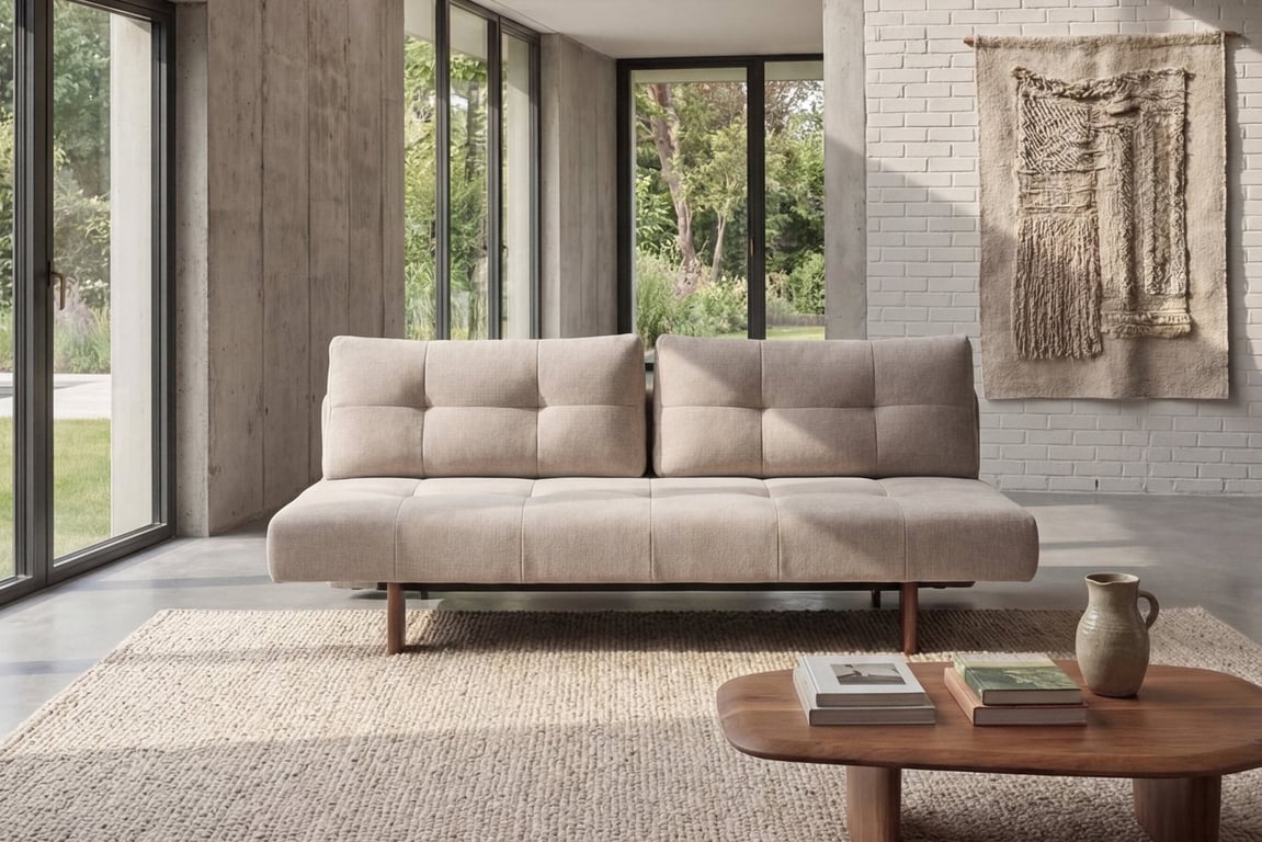 Canapé convertible en polyester beige et pied en chêne foncé 202x65cm Eilis - Innovation Living