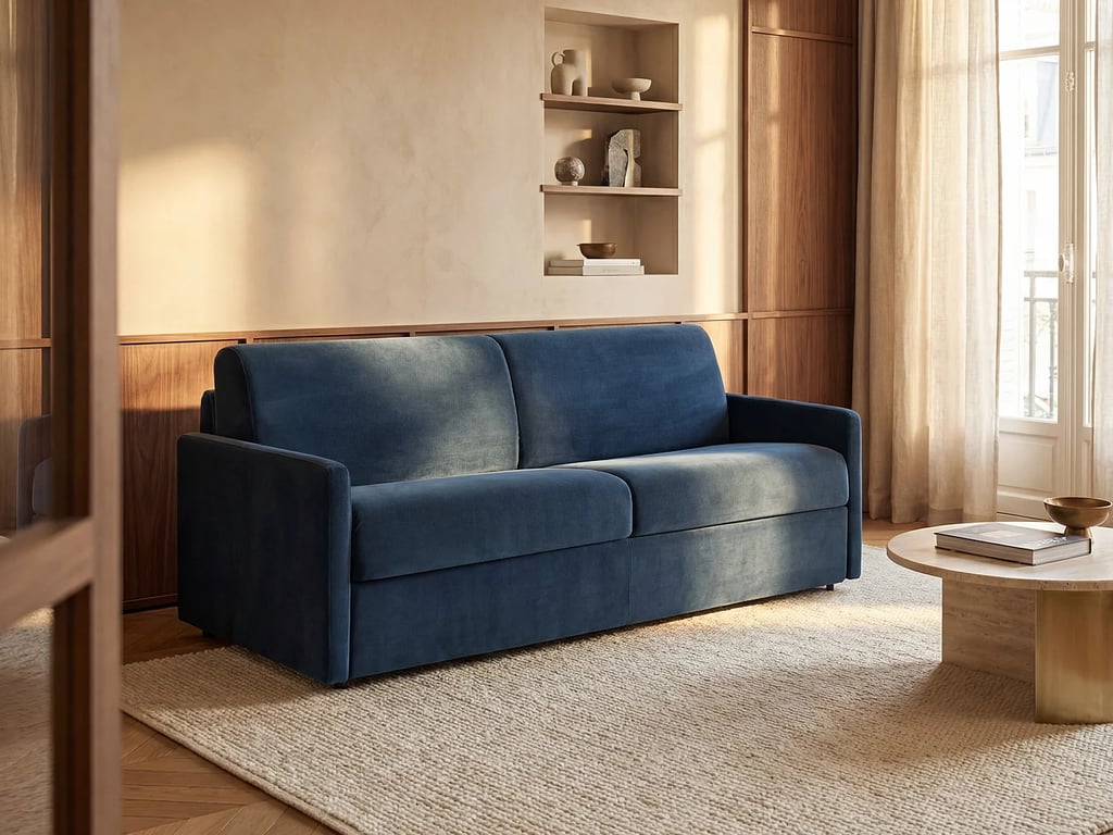 Produit similaire: Calife canapé convertible 3 places velours bleu nuit
