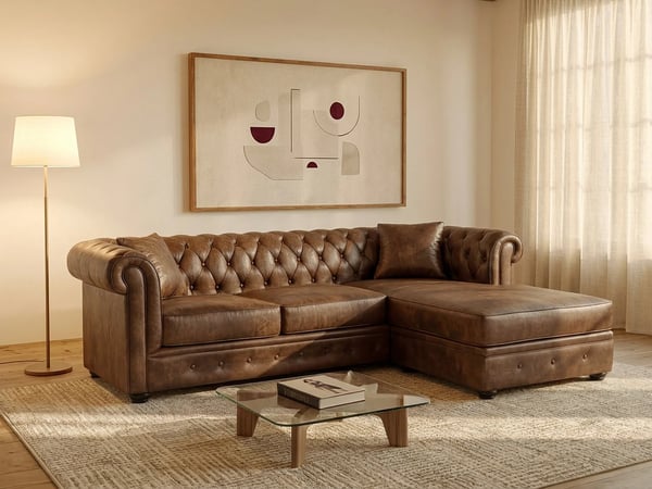 Toledo canapé d'angle réversible 4 places chesterfield microfibre vieillie marron