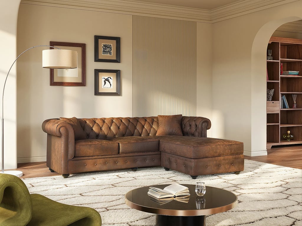 Toledo canapé d'angle réversible 4 places chesterfield microfibre vieillie marron - Vue supplémentaire 1
