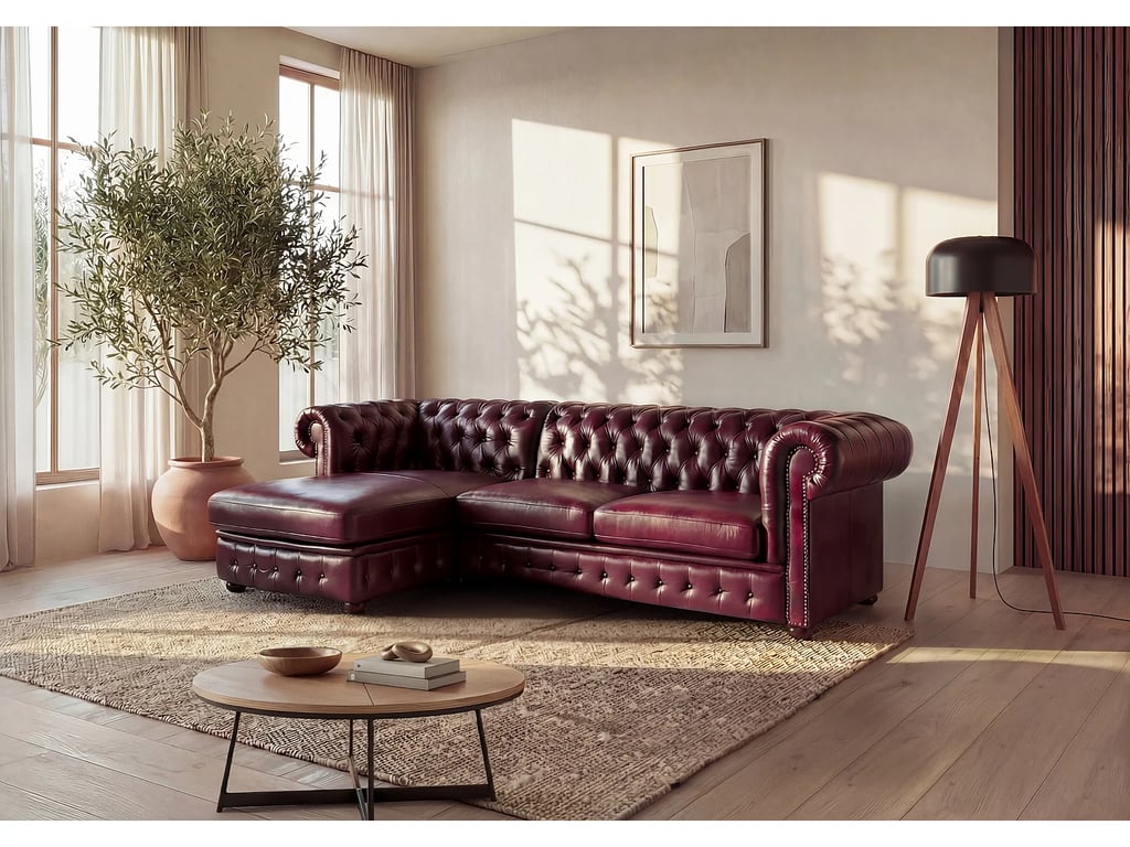 Canapé d'angle chesterfield BRENTON 100% cuir de buffle - Bordeaux - Angle gauche