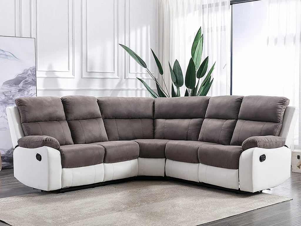 Tolzano canapé d'angle fixe 5 places blanc microfibre simili gris relax - Vue supplémentaire 2