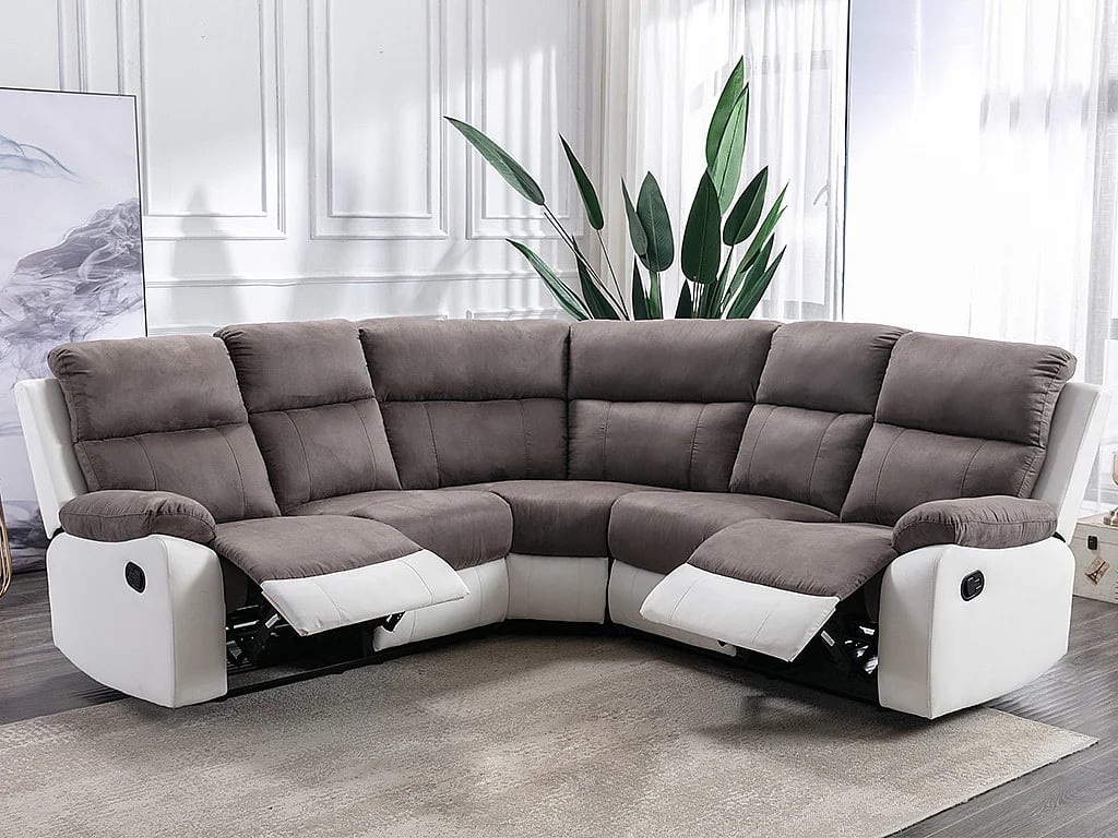 Tolzano canapé d'angle fixe 5 places blanc microfibre simili gris relax - Vue supplémentaire 3