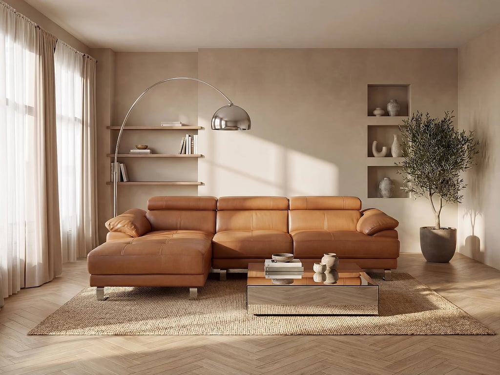 Canapé d'angle gauche en cuir premium camel EXCELSIORA