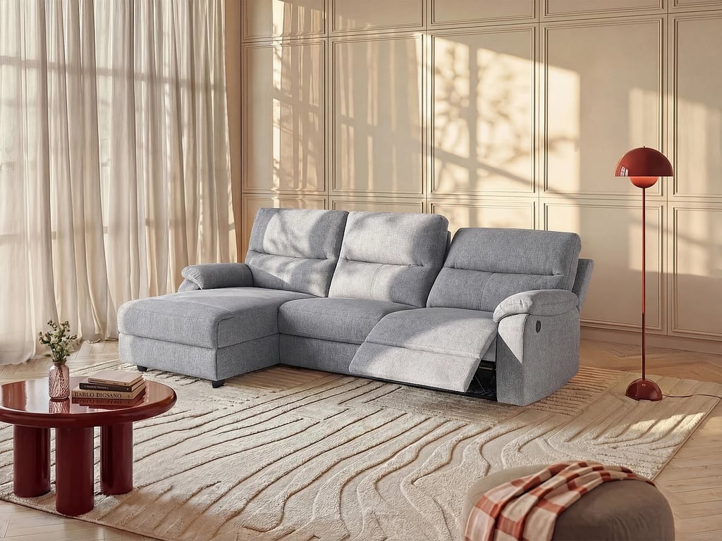 Canapé d'angle gauche relax électrique en tissu gris clair LUNANO