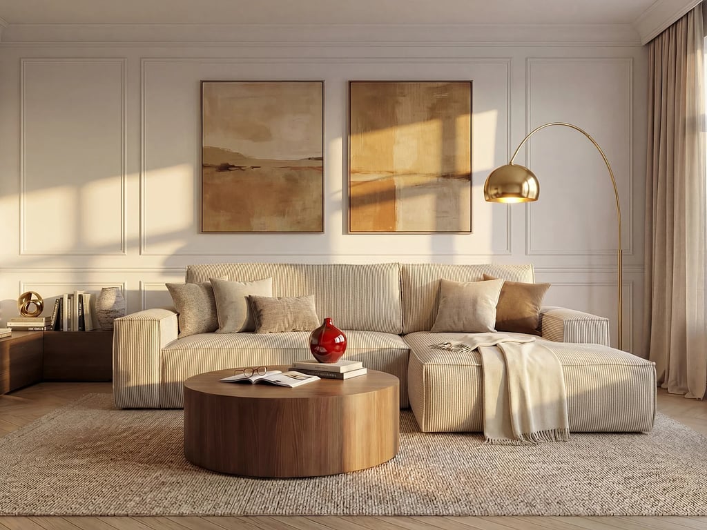 Canapé d'angle droit convertible en velours côtelé beige AMELIA
