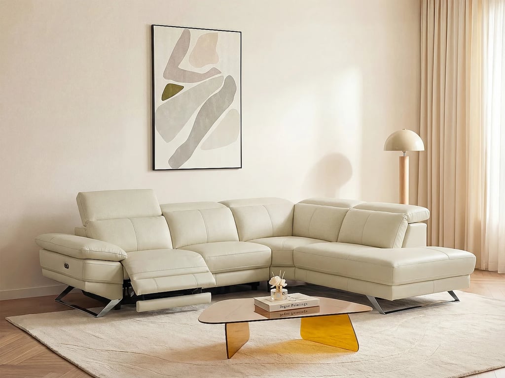 Canapé d'angle droit relax électrique en cuir de vachette beige PUNO II