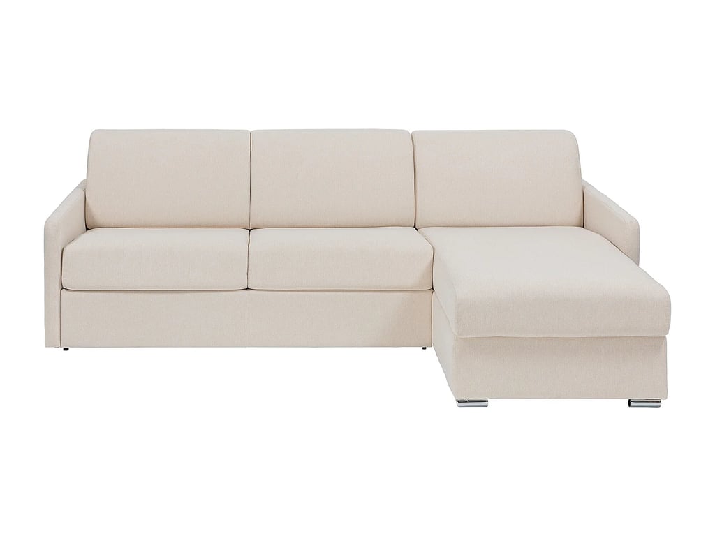 Canapé d'angle convertible express et réversible en tissu texturé beige - Couchage 140 cm à lattes larges - Matelas 22 cm avec mémoire de forme - CALIFE