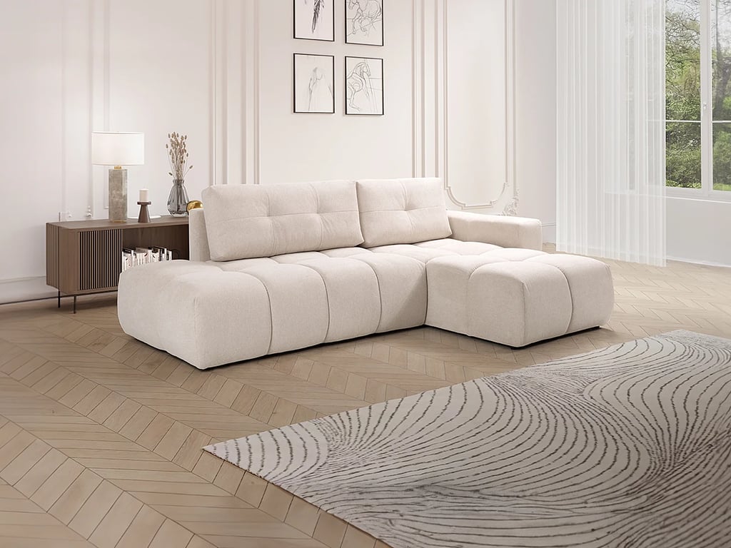 Canapé d'angle droit convertible en tissu texturé beige TRIMALDI