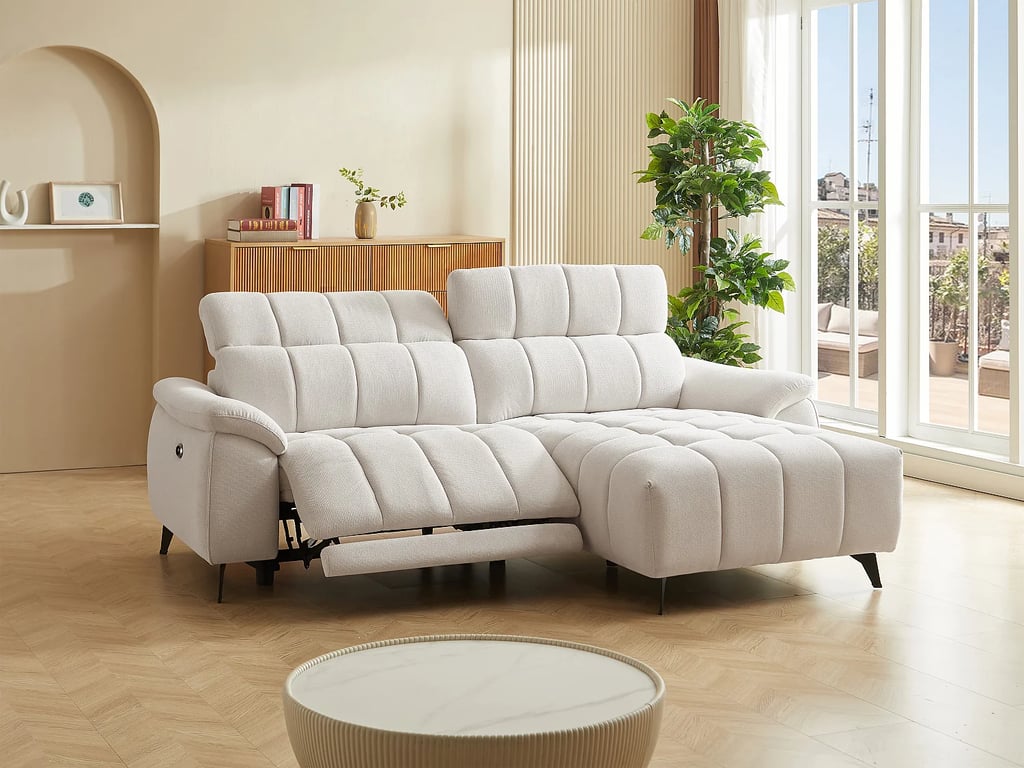 Celtimo canapé d'angle droit 4 places tissu texturé beige relax électrique - Vue supplémentaire 2