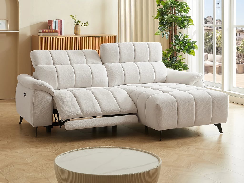 Celtimo canapé d'angle droit 4 places tissu texturé beige relax électrique - Vue supplémentaire 3