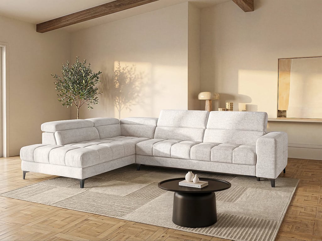 Canapé d'angle gauche relax avec assise coulissante électrique en tissu beige MONISO