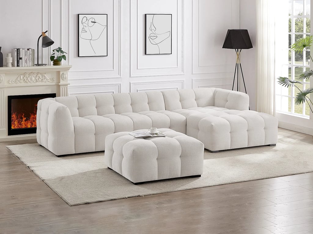 Canapé d'angle droit et pouf en tissu chiné beige DILOME