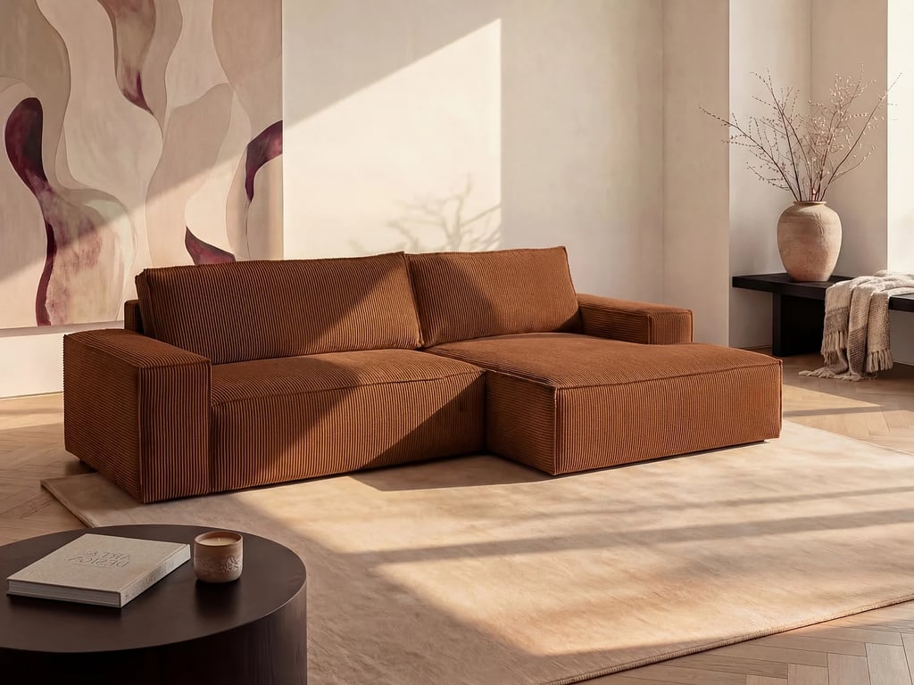 Produit similaire: Amelia canapé d'angle convertible droit 4 places velours côtelé terracotta