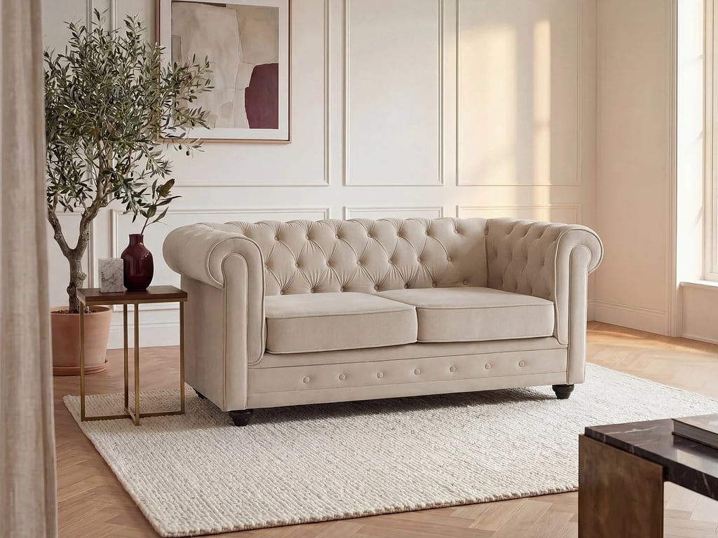 Canapé 2 places en velours beige CHESTERFIELD