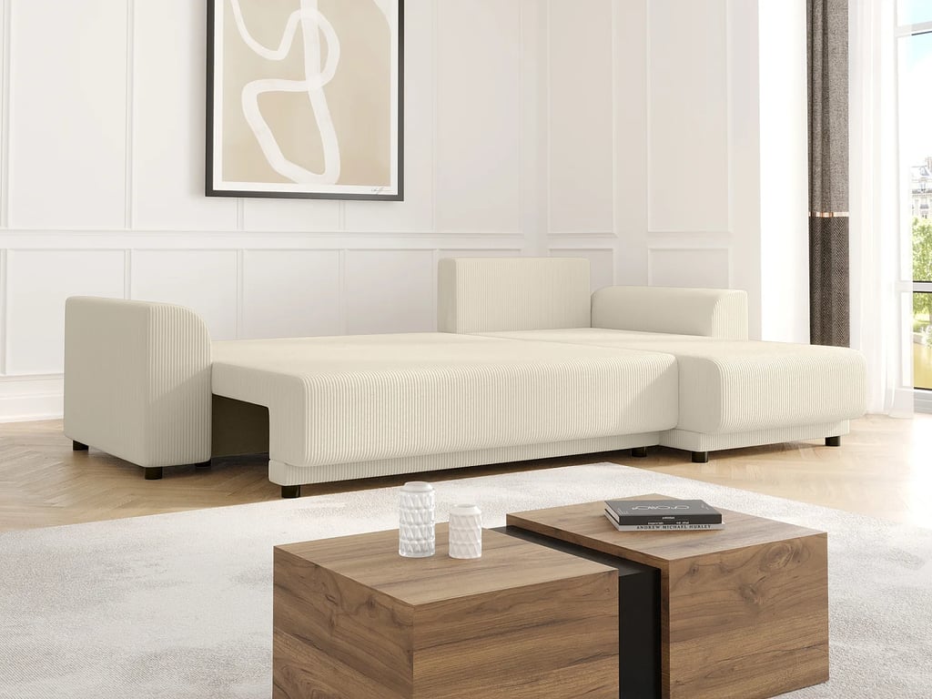 Nessaro canapé d'angle convertible réversible 4 places velours côtelé beige - Vue supplémentaire 2