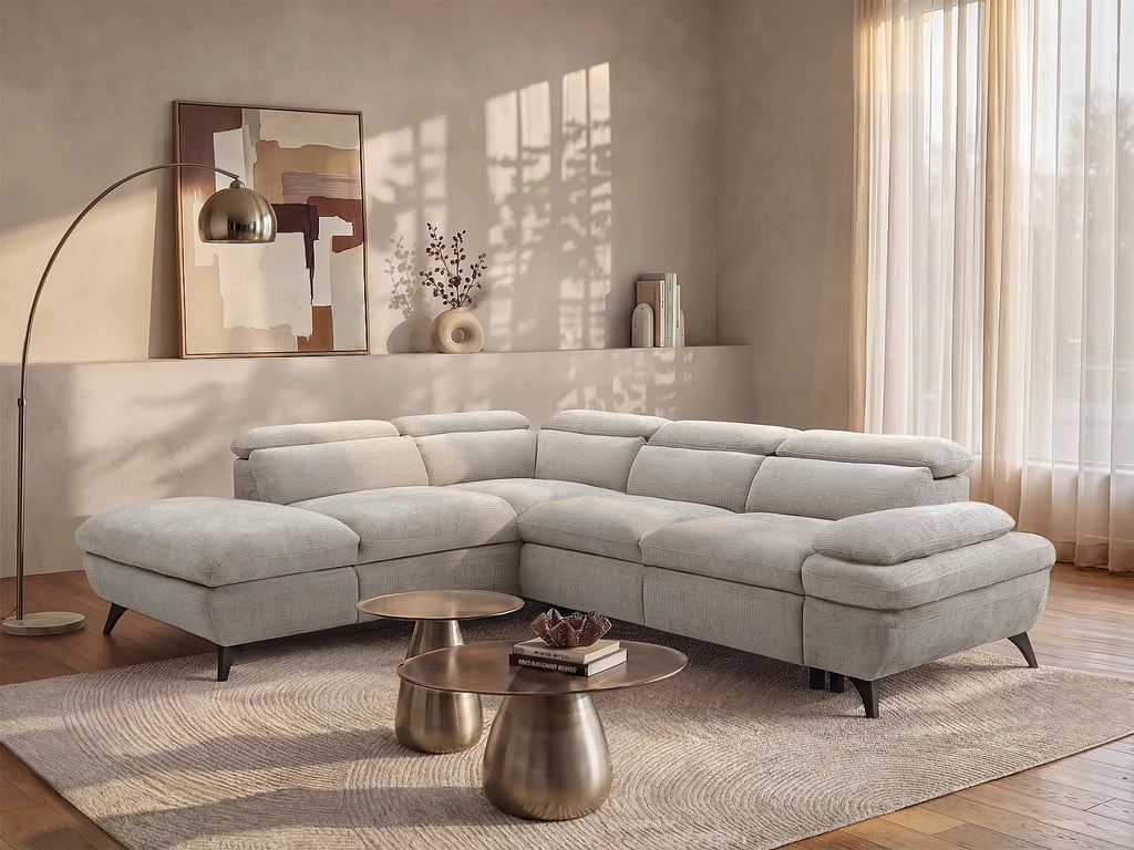 Canapé d'angle gauche convertible avec dossier méridienne en tissu texturé beige SURDELI