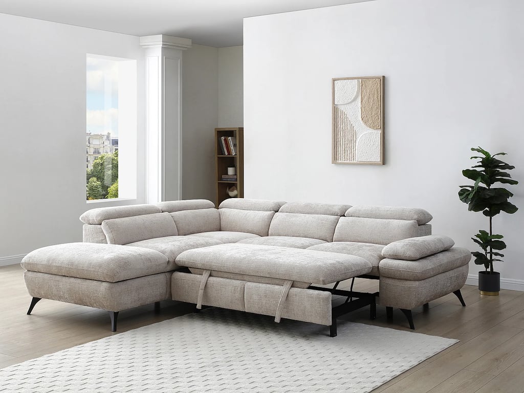 Surdeli canapé d'angle convertible gauche 5 places tissu texturé beige - Vue supplémentaire 2
