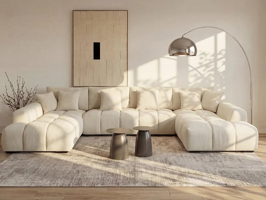 Grand canapé d'angle panoramique en tissu texturé beige BERENIA