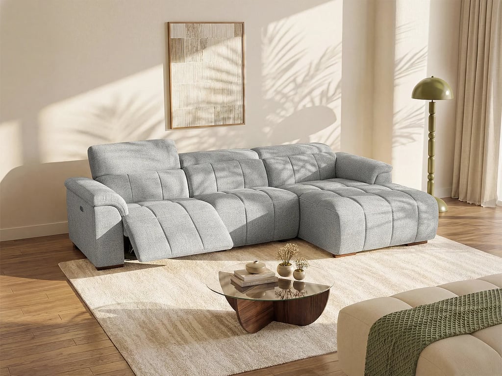 Canapé d'angle droit relax électrique en tissu gris clair MOLPICA