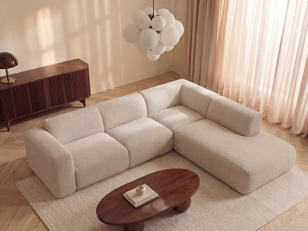 Produit similaire: Pogni canapé d'angle droit 6 places velours côtelé beige