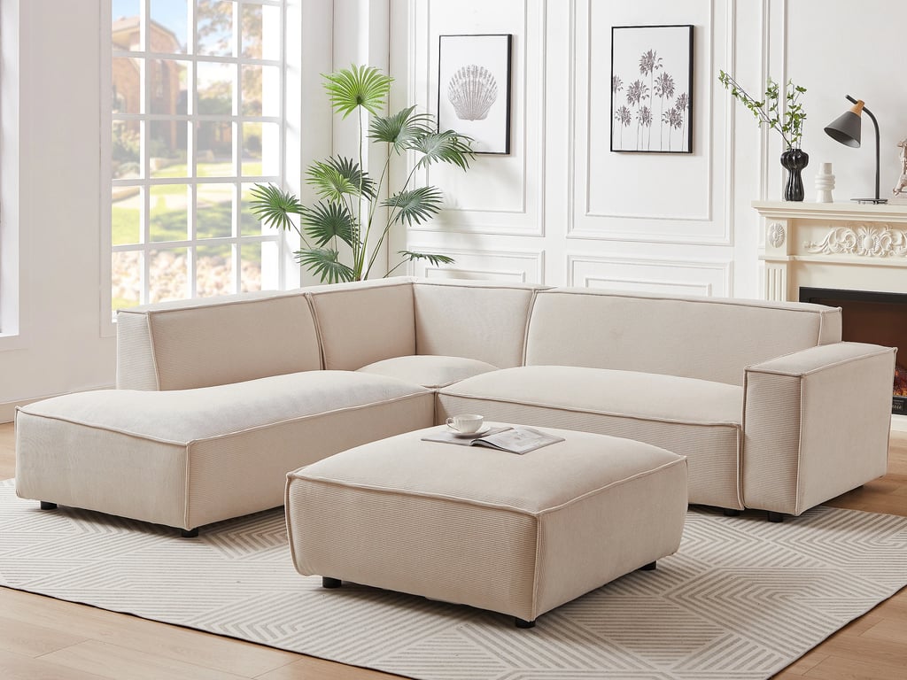 Canapé d'angle gauche et pouf en velours côtelé beige BORORE